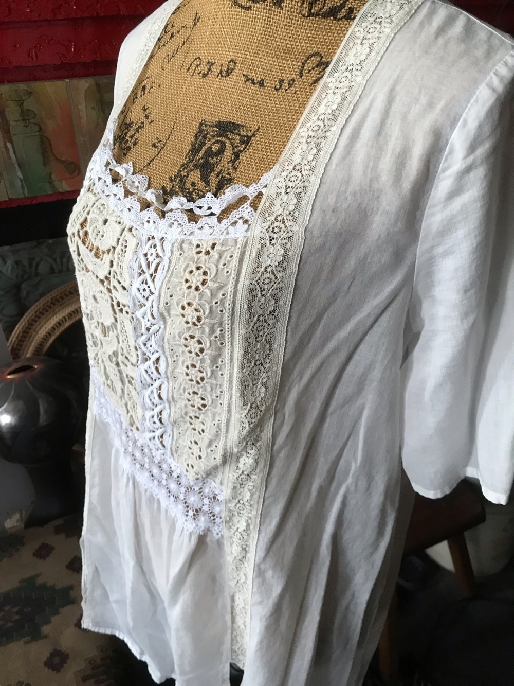 Johnny Was/ For Love and Liberty White Boho Lace Peasant Blouse